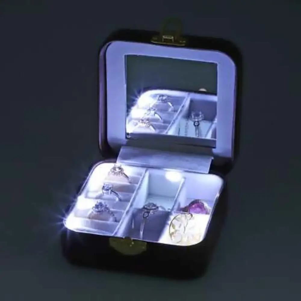 Brown Faux Leather LED Light Travel Jewelry Box with Latch Clasp & Mirror